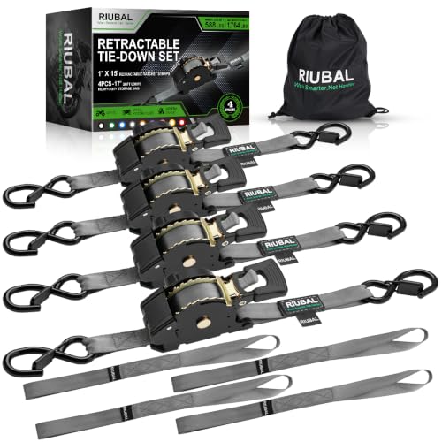 Retractable Ratchet Straps (4-Pack) - 1 Inch x 15 Feet (1,764lb Break Strength) - Auto Self Retracting Tie Down Straps Heavy Duty for Motorcycle, ATV, UTV, Truck, Cargo Trailer – Grey - color: Grey, size: 15 Feet