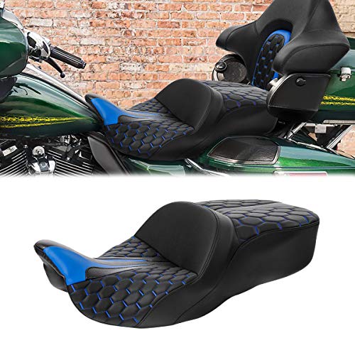 C.C.Rider Leather Driver Passenger Seat - Bagger Comb Strapped 2-Up One-Piece fit for Harley Touring Road King FLHR Street Glide FLHX Road Glide FLTRX Electra Glide FLHT 2009-2023, Black+Blue - color: Black+Blue