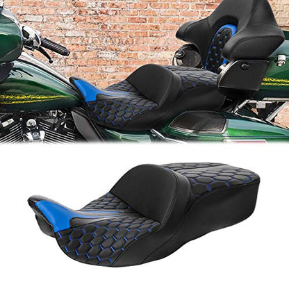 C.C.Rider Leather Driver Passenger Seat - Bagger Comb Strapped 2-Up One-Piece fit for Harley Touring Road King FLHR Street Glide FLHX Road Glide FLTRX Electra Glide FLHT 2009-2023, Black+Blue - color: Black+Blue