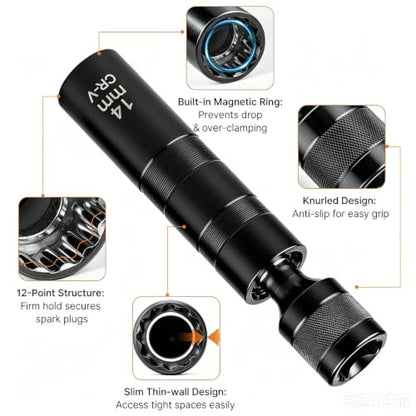 14mm&16mm Magnetic Swivel Spark Plug Socket Set- Thin Wall 3/8" Drive 12 Point Standard Spark Plug Sockets Removal Tool - CR-V Steel Made For Motorcycle, Car, SUV, BMW, Nissan, Mini, Mercedes (Black) - color: Black