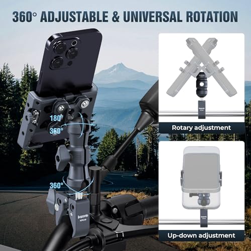Anti-Shake Motorcycle Phone Holder, Super Clamp Fits 0.5"-2" Diameter Bars, 25mm Ball Head & Double Socket Arm, 360° Rotatable, Universal for iPhone/Samsung/Android Phones Width 2.56"-3.74" (KPS-14) - color: KPS-14