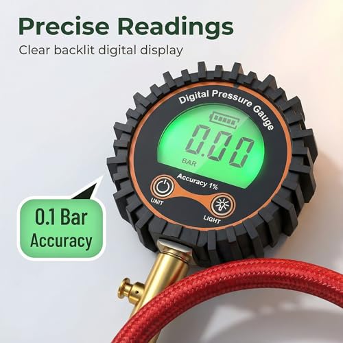 SUVCARMPING 250 PSI Digital Tire Pressure Gauge Accurate Air Pressure Gauge (±1% Accurate), for Tires with Easy-to-Read Numbers, Valve Cap and 4-Way Valve Tool, Red (MS-DG04C(CC)-01) - size: Red(Air Chuck)