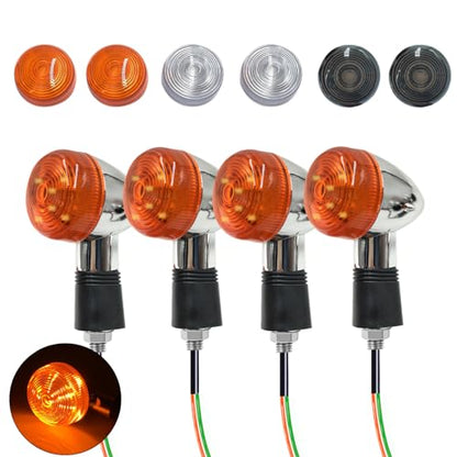 Universal 4pcs Motorcycle Turn Signals LED with Amber White Black Lens Front Rear Turn Signal Light Compatible with Harley Honda Suzuki Yamaha Motorcycle Cruiser Bobber Chopper