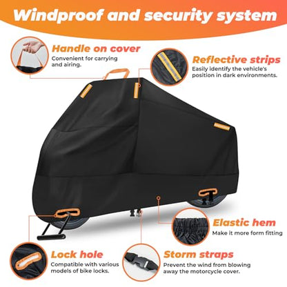 Motorcycle Cover Waterproof: Durable Heavy Duty Motorcycle Cover with Windproof and Security System - Fits up to 104 Inch Large Motorcycle (300D) - size: 300D - 104 Inch