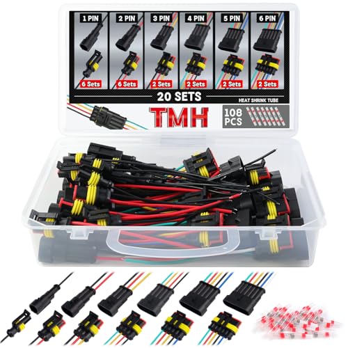 TMH 1/2/3/4/5/6 Pin Wire Connector 22 AWG Waterproof Electrical Male and Female, 10 cm. Wire Connectors 1-6 Way with Heat Shrink Tubing for Car Truck Boat Wire Connection (40PCS) - size: 1/2/3/4/5/6 Pin - 40PCS