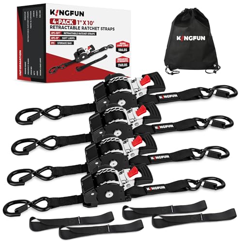 Kingfun Retractable Ratchet Straps (4-Pack) - 1 Inch x 10 Feet Auto Self Retracting Tie Down Straps - 1,760lb Break Strength Heavy Duty Cargo Straps for Motorcycle, ATV, UTV, Trailer & More - Black - color: Black