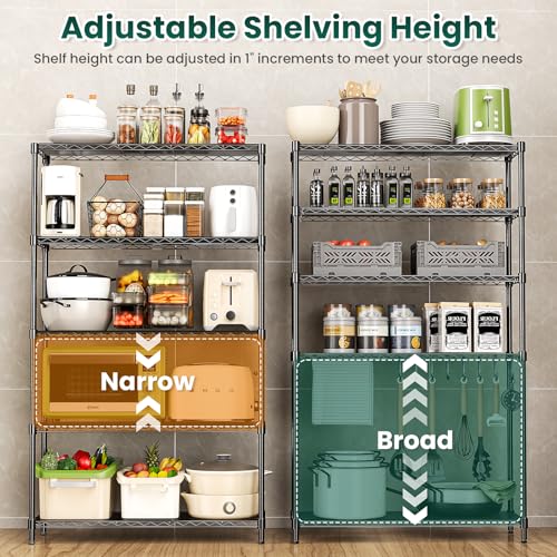 5-Tier Storage Shelves 72" H Wire Shelving, Adjustable Metal Shelving Pantry Shelves, 1325LBS Heavy Duty Rack with Shelf Liners for Garage Commercial Kitchen, 36" W x 14" D x 72" H, Black - size: 36" W x 14" D x 72" H-5 Tier