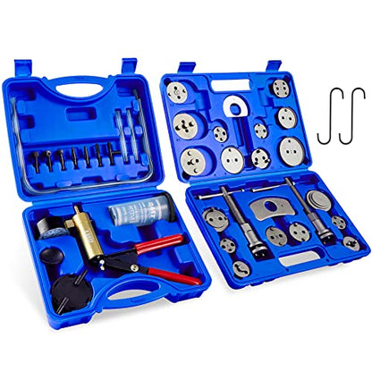 Orion Motor Tech 2 in 1 Brake Caliper Compression Tool & Brake Bleeder Kit, Handheld Vacuum Pump Brake Bleeder Tool Set, Disc Brake Pad Service Tool with Thrust Bolt Retaining Plates & 18 Adapters - color: Blue