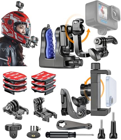 Helmet Clamp Mount for GoPro Go Pro with 360° Rotating Bracket, Curved Flat Adhesive Mounts, Quick Release Buckle, Thumb Screw, Tripod & 1/4" Screw Mount Adapter Kit for Phone Action Camera DJI