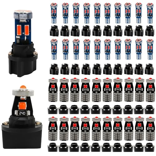 WLJH 40 Pack 194 168 T10 T5 LED Bulbs With Sockets, Non Polarity, Dimmable, For Dash Cluster Dome Map Vanity Mirror Door Trunk License Plate Lights,300 LM Interior & Exterior Replacement, Red - color: Red