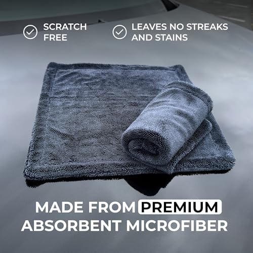 2X Medium Car Drying Towel, 1300 GSM Professional Car Towel with Double Twisted Loop,Super Absorbent Large Microfiber Drying Towels for Cars, Trucks, SUVs - 16"x16" 2-Pack, Gray - color: Gray