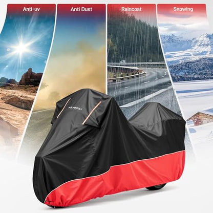 Waterproof Motorcycle Cover 420D Oxford Heavy Duty with Side Top Box Compatible with Harley Davidson Touring Ultra Limited Street Glide Road Glide Electra Glide (116" x 47" x 53") - color: Red