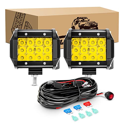 GOOACC 2PCS 4" Amber LED Pods 36W Triple Row Flood Light Bar Fog Light 3600LM Driving Lighting with 16AWG Off Road Wiring Harness-2 Leads for Truck Golf Cart SUV ATV UTV Boat, Clear,Yellow (Auto-650) - color: 2Pcs Amber LED Pods+ Wiring Harness