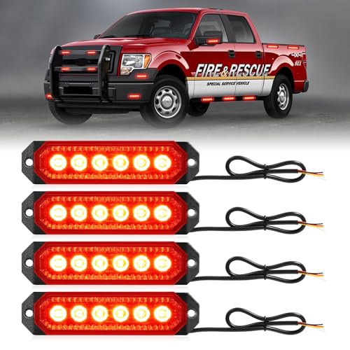 HLauto 406T Emergency Strobe Grille Lights: 4Pcs 6 LED Sync Feature Safety Warning Flashing Light, 12V-24V Ultra Slim Surface Mount Hazard Caution Light for Truck, Vehicle, Car, ATV, UTV (Red) - color: Red