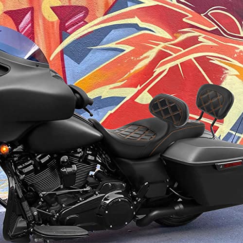 C.C. RIDER Classic Seat Backrest Pad - Driver Sissy Bar fit for Harley Davidson Touring Road King Street Glide Electra Glide Road Glide 2009-2023 - color: Seat + Driver Pad + Passenger Pad Black Orange
