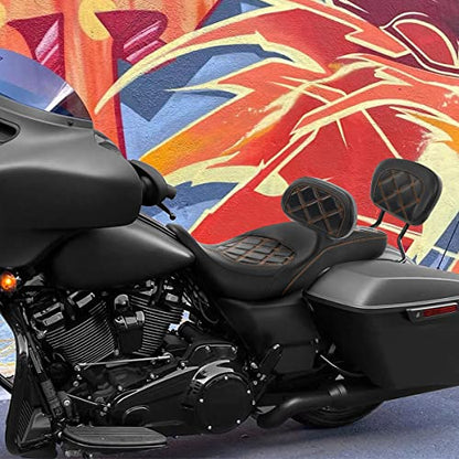 C.C. RIDER Classic Seat Backrest Pad - Driver Sissy Bar fit for Harley Davidson Touring Road King Street Glide Electra Glide Road Glide 2009-2023 - color: Seat + Driver Pad + Passenger Pad Black Orange