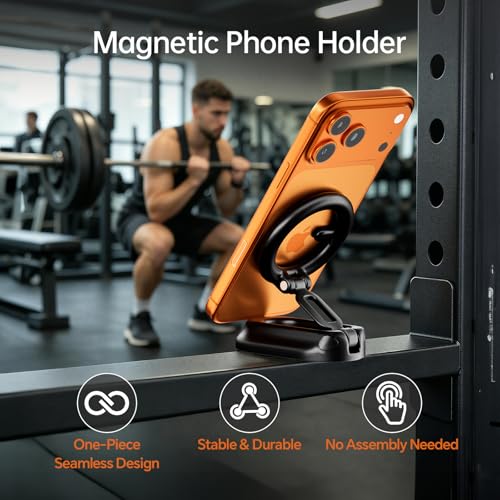 Magnetic Phone Holder for Gym, Zinc Alloy N52 Strong Magnet, Integrated Foldable Black Design, Compatible with MagSafe iPhone 17-12 & Android Phones, for Gym, Golf Cart, Car, Home & Office