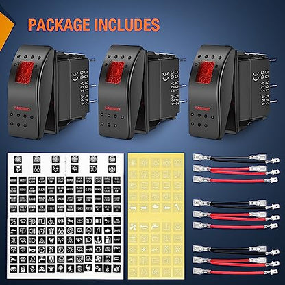 Nilight 3 Pack Rocker Switches with Night Glow DIY Stickers On Off 5 PIN SPST LED Light Red Backlit 12V/24V Toggle for Cars Trucks RVs Boats Auto Motorcycles - color: Red 3 PCS