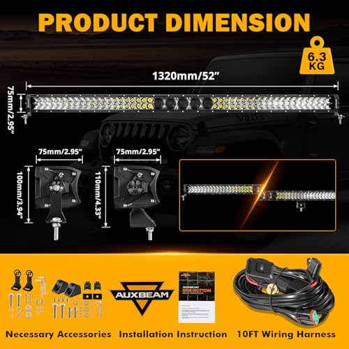 Auxbeam 52 Inch led Light bar 450W LED Driving Work Light Slim Dual Row Spot Flood Combo Off Road Lights 5D PRO Lens Driving Lamp with Wiring Harness for Trucks Jeep Off Road SUV UTV ATV - size: 52" 450W