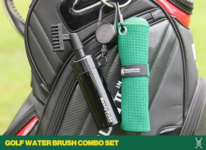 Handy Picks Golf Club Cleaner with Water Bottle Holds 5.5 OZ, Heavy Duty Metal Retractable Magnetic Clip, Waffle Microfiber Golf Towel, Ideal Water Brush Combo - color: Green