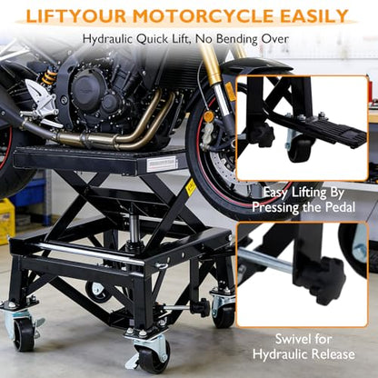 Hydraulic Motorcycle Lift Table, 350 lbs Capacity Scissor Jack Lift with Wide Deck, J-Hooks, 4 Wheels, Foot-Operated Jack Stand for ATV Dirt Bikes (Black) - color: Black
