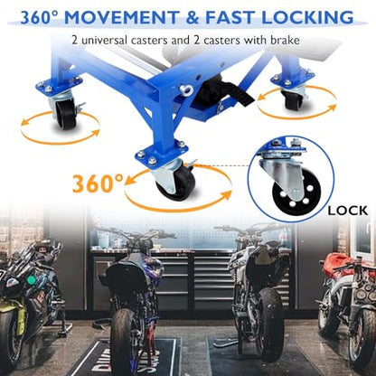 Hydraulic Motorcycle Lift Table, 350 lbs Capacity Scissor Jack Lift with Wide Deck, J-Hooks, 4 Wheels, Foot-Operated Jack Stand for ATV Dirt Bikes (Blue) - color: Blue
