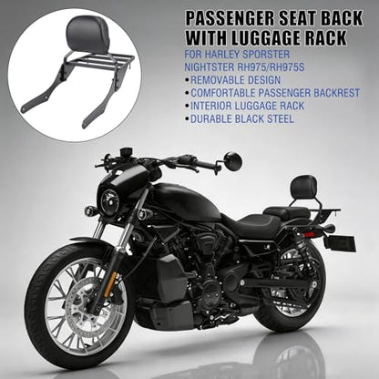 Motorcycle Sissy Bar Backrest with Luggage Rack for Harley Nightster RH975 RH975S 2022-2025, Foldable 3 in 1 Driver Passenger Backrest Pad, Detachable Rear Seat Back Support
