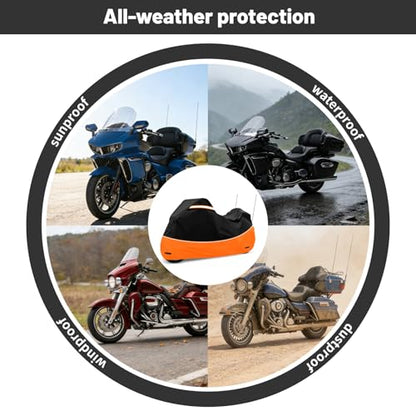 Heavy Duty Waterproof Motorcycle Cover with Side & Top Box Reflective Strips for Harley Ultra Limited Ultra Classic Road Glide Electra Glide, 110" L x 43" W x 55" H,Black & Orange - size: Side+Top Box