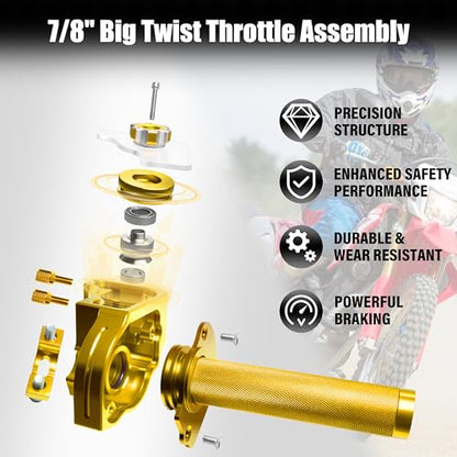 Universal 7/8" Big Twist Throttle Assembly, Dual Push-Pull Cable with Transparent Window for 110-650cc Dirt Pit Bike, Motocross, ATV & Quad, CNC Aluminum Quick Twister Throttle Grip (Gold) - color: Gold