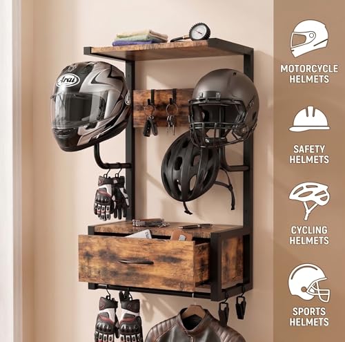 Motorcycle Helmet Holder Wall Mounted with 4 J-hooks& 4 Clip Hooks, Motorcycle Helmet Rack with Drawer for 2 Helmets & Riding Suits, Hanging Protective Gear Shelf for Entryway or Garage