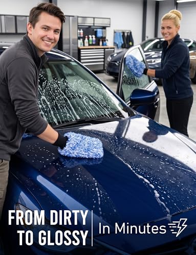 TAKAVU Car Wash Mitt Scratch Free, 2 Pack Microfiber Wash Mitts for Auto Detailing, Soft Lint Free Cleaning Gloves, Holds Sudsy Water, Machine Washable (Blue) - color: Blue & White
