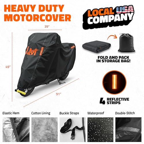 Mockins 91"x49"x39" Large Motorcycle Cover Heavy Duty Dual-Layer Fit | Motorcycle Cover Waterproof Outdoor 250G PVC + Soft HD Cotton For Midsize Cruisers, Sport-Touring & Retro Models Up to 91" - size: Motorcycle - Large - 91"x49"x39"