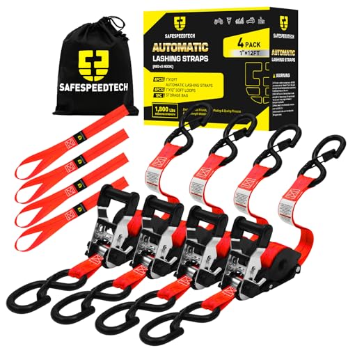 Retractable Ratchet Straps (4pk) - 1 inch x 12 feet (1800lb Break Stength) - Heavy Duty Retractable Straps - Self Retracting Tie Downs with Soft Loops - Auto Ratchet Straps for Truck, Motorcyle, UTV - color: Red, size: Retractable 1800LB - 12Ft