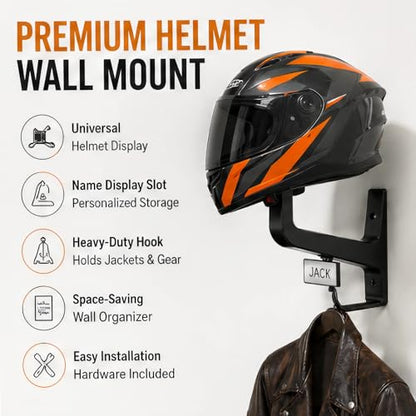 Motorcycle Helmet Wall Mount with Coat Hook & DIY Name Area,Heavy Duty Firefighter Helmet Hanger Wall Mount for Garage Storage,Motorbike,Garage,Fire Station&Firefighter Gear,Universal Helmet Holder