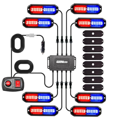 WINECO 8PCS LED Strobe Lights 12V Sync Feature Red Blue 12LED Emergency Hazard Warning Lights with Strobe Controller for Trucks Vehicles ATV RV Cars Van - color: RED BLUE