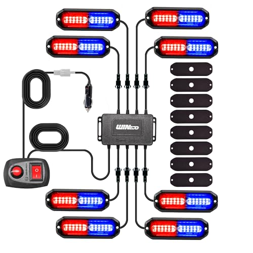 WINECO 8PCS LED Strobe Lights 12V Sync Feature Red Blue 12LED Emergency Hazard Warning Lights with Strobe Controller for Trucks Vehicles ATV RV Cars Van - color: RED BLUE