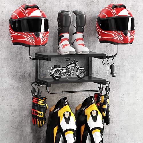 Motorcycle Helmet Holder Wall Mount, 2-Tier Helmet Rack with 2 Hat Stands, Motorcycle Accessories Gear Storage Organizer Display for Men Jackets, Caps in Garage, Living Room (Black) - color: Black