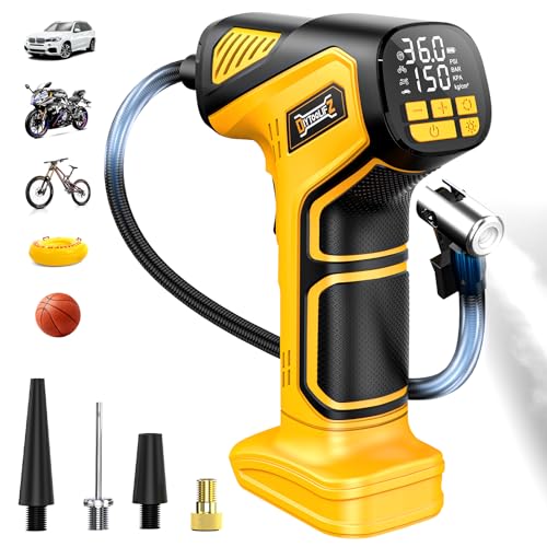 DIYtoolifz 150PSI Tire Inflator Portable Air Compressor: Cordless Air Pump Compatible with Dewalt 20V Battery - Car Tire Pump with Digital Pressure Gauge & LED Light for Auto, Motorcycles (Tool Only) - color: Yellow- Compatible With Dewalt 20v(baretool),