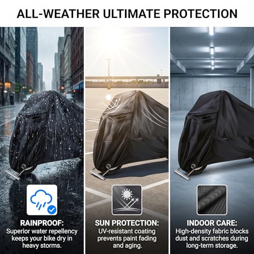 1 PC Motorcycle Cover, 190T Polyester Motorbike Cover with Storage Bag, Weather-resistant Outdoor Protector with Lock Holes, Universal for Most Motorcycles (Black)