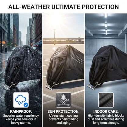 1 PC Motorcycle Cover, 190T Polyester Motorbike Cover with Storage Bag, Weather-resistant Outdoor Protector with Lock Holes, Universal for Most Motorcycles (Black)