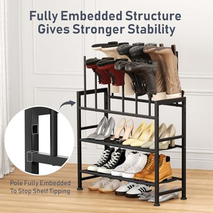 DIMJ Free Standing Shoe Racks - 4-Tier Boot Rack, Black Metal Boot Storage Organizer Tall Boots Organizer for Closet, Multiuse Shoe Rack for Boots, Sneakers,Fit for 6 Pairs Boots, Black - size: 4-Tier 6 Pair