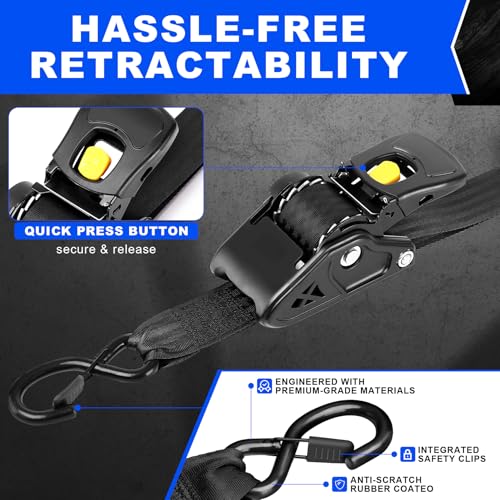 Retractable Ratchet Straps 2 Inch x 10 Feet, Heavy Duty Auto Retract Tie Down Straps, 3500 lb Break Strength Cargo Straps with Steel Hooks for Truck, Trailer, Moving, 2 Pack