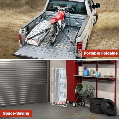 90" Aluminum Folding Loading Ramps, 1860 lbs Capacity Heavy Duty Truck Ramps, Pair of Non-Slip ATV/UTV Ramps with Handles & Safety Straps for Pickup Trucks, Trailers, Lawn Mowers
