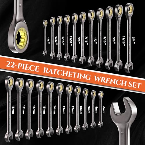 SUZUME 22-Piece Ratchet Wrenches Set Metric (6-18mm) SAE (1/4”-3/4”) Cr-V Steel 72-Tooth 5° Swing Arc Combination Wrench Sets with case for Tight Spaces Ideal for Mechanics and DIY Enthusiasts - size: 22-Piece, style: Metric and SAE