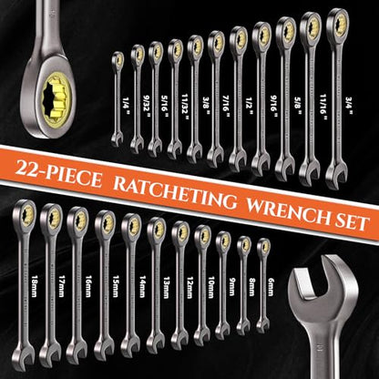 SUZUME 22-Piece Ratchet Wrenches Set Metric (6-18mm) SAE (1/4”-3/4”) Cr-V Steel 72-Tooth 5° Swing Arc Combination Wrench Sets with case for Tight Spaces Ideal for Mechanics and DIY Enthusiasts - size: 22-Piece, style: Metric and SAE