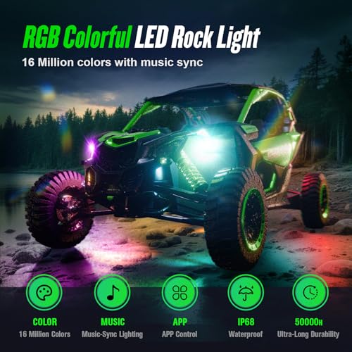 4 Pods RGB LED Rock Lights Kit, Underglow Multicolor Neon Light Pod with Bluetooth App Control, IP68 Waterproof High Brightness Dynamic Music Mode Wheel Well Light for Truck ATV UTV RZR SUV Golf Cart