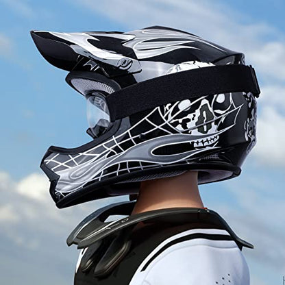 SLMOTO Dot Youth and Kids Motocross Offroad Street Helmet Motorcycle Helmet Dirt Bike Motocross ATV Helmet+Goggles+Gloves Black Skull Design,Small - color: Black Skull, size: Small
