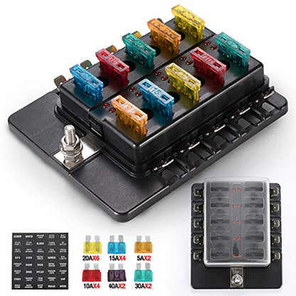 BUNKER INDUST 10-Way Fuse Box Blade Fuse Block Holder with LED Indicator for Blown Fuse Waterpoof Protection Cover for Car Boat Marine Automotive,Include 20Pcs Blade Fuses and 1Pcs DIY Sticker - color: 1Pcs 10-Way Blade Fuse Box