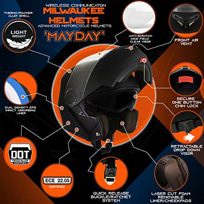 Milwaukee Helmets H7000 Glossy Black 'MayDay' Modular Motorcycle Helmet w/ Intercom - Built-in Speaker and Microphone for Men / Women - X-Large