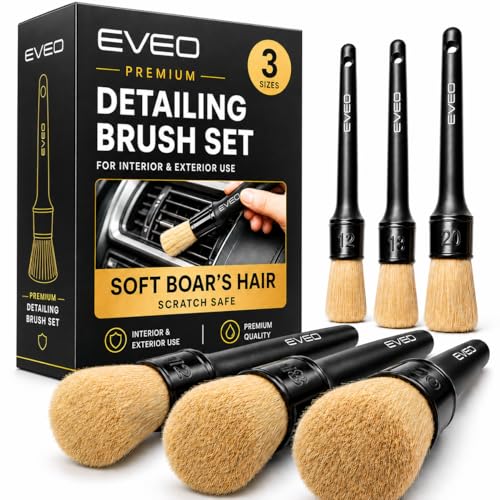 EVEO Car Detailing Brush Set - (3 Pack) Car Detailing Kit Interior, Car Interior Detailing Kit Car Detailing Brushes - Car Cleaning Brush, Car Detailing Brushes, Car Detailing Tools | Soft Boars Hair
